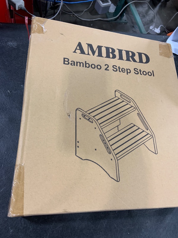 Photo 1 of AMBIRD Wooden Two Step Stools Toddler with Safety Non-Slip Pads and Handles, Bamboo Step Stool for Bathroom, Bedroom, Kitchen Dual Height Step Stools for Kids (White)