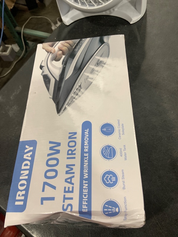 Photo 1 of IRONDAY Steam Iron for Clothes Rapid Heating, 1700W Iron with Non-Stick Ceramic Soleplate, 3-Way Auto-Off, Burst of Steam, Self-Cleaning, 14.07oz Water Tank Ironing Clothes for Home, Grey