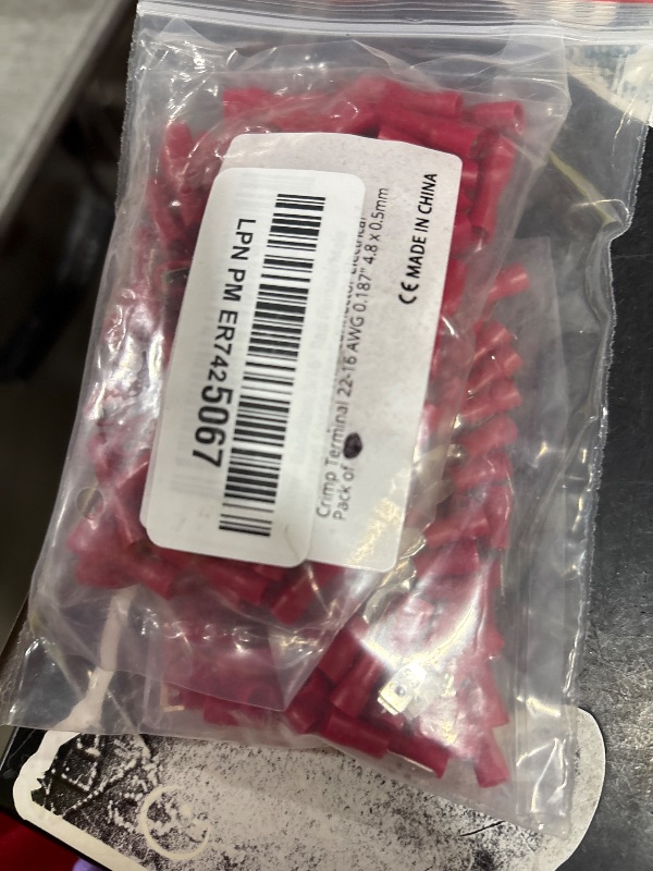 Photo 1 of Baomain 0.187" Female & Male Spade Connectors 22-16 AWG Fully Insulated Crimp Terminals Quick Disconnect Electrical Wire Connectors,Red (200-Pack)