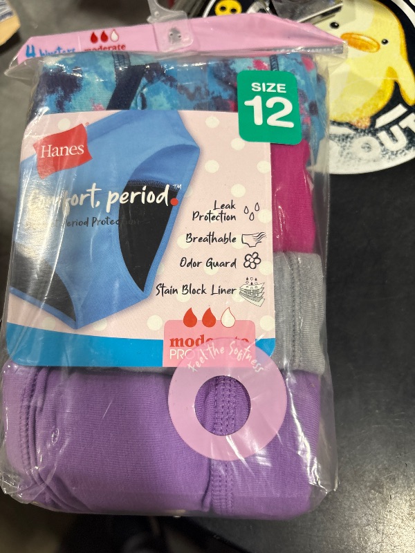 Photo 1 of Hanes Girls' Comfort Underwear, Boyshort Period Panties, Moderate Protection, 4-Pack, Hipster-Multi-4 Pack, 12