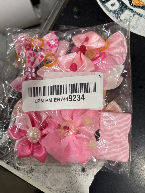 Photo 1 of IAXSEE 20pcs Light Pink Small Puppy Dog Hair Bows with Rubber Bands, Flower Ball Bowknot Rhinestone Pearls Hair Ties Mix Style for Dog Hair Accessories
