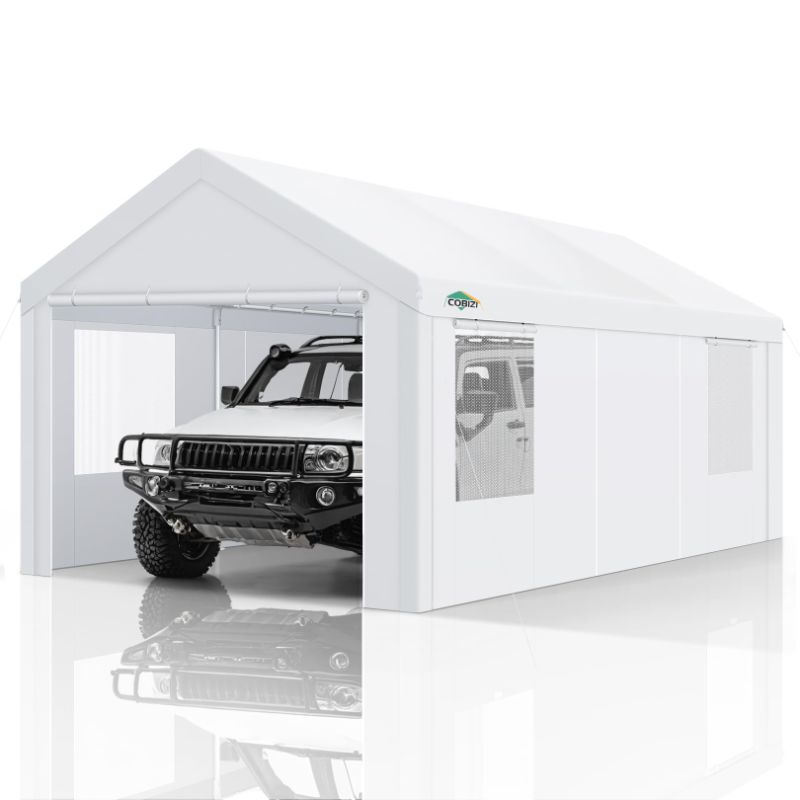 Photo 1 of COBIZI Carport Canopy 12x20 Heavy Duty Portable Garage with Removable Sidewalls & Doors, Galvanized Frame Car Port Canopy Tent with Built-in Sandbags & All-Season Tarp for Car Boat Truck, White