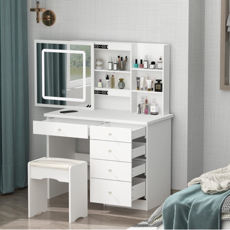 Photo 1 of FUFU&GAGA Large Vanity Set Makeup Vanity Dressing Table with Sliding Lighted Mirror, 5 Drawers & Shelves, Dresser Desk and Cushioned Stool Set (White)