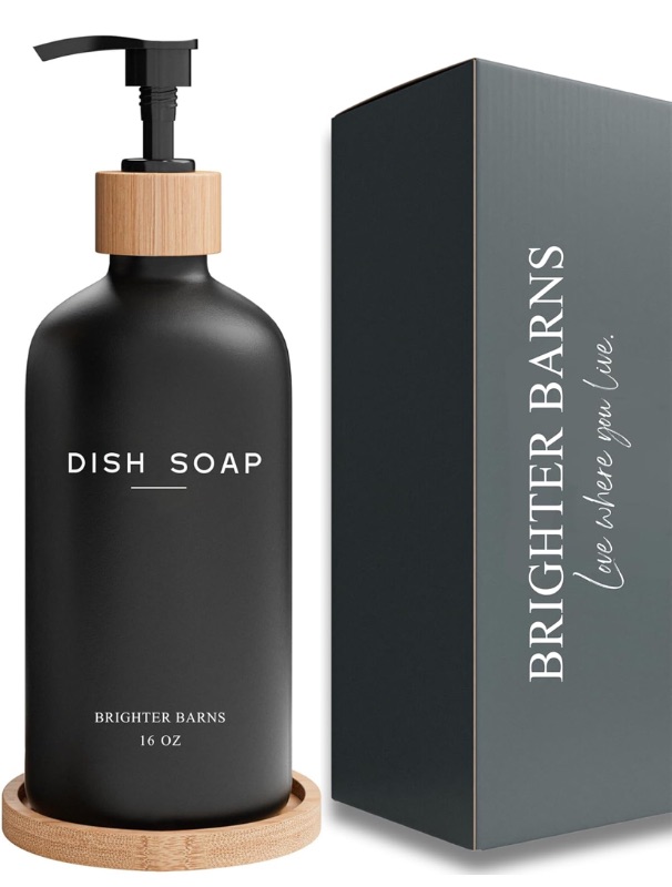 Photo 1 of Black Glass Dish Soap Dispenser for Kitchen Sink by Brighter Barns - Modern Kitchen Soap Dispenser Set with Tray - Bamboo Bottle with Pump - Boho Home Decor, Modern Home Decor for Airbnb, Gift (Black)
