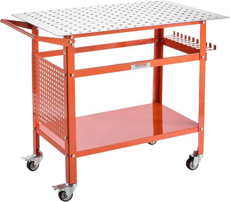 Photo 1 of VEVOR Welding Table, 40" x 24" Welding Workbench Table with 800LBS Static Weight Capacity, Movable Steel Work Bench with 4 Wheels (2 with Brake), Double-Layer Storage Board and 5/8-inch Fixture Holes
