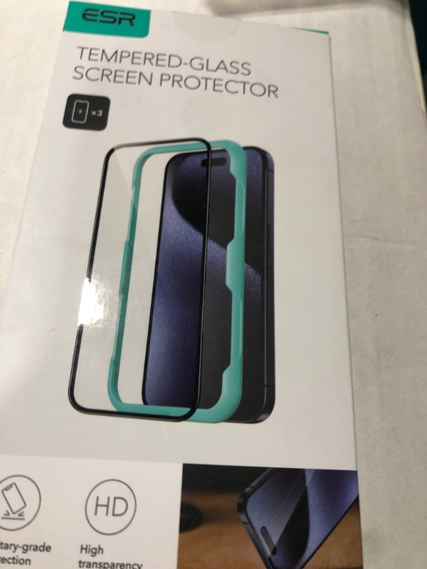 Photo 1 of ESR 3 Pack for iPhone 15 Pro Screen Protector, [9H Hardness] [Military Grade Shatterproof] Full Coverage Tempered Glass Film with Easy Installation Tool