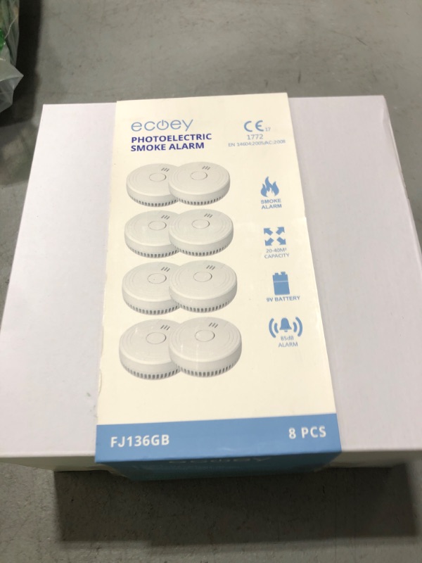 Photo 1 of Ecoey  Alarm Fire Detector, Battery Included Photoelectric Smoke Detector with Test Button and Low Battery Signal, Small Fire Alarm for Home, Bedroom FJ136GB, 8 Packs