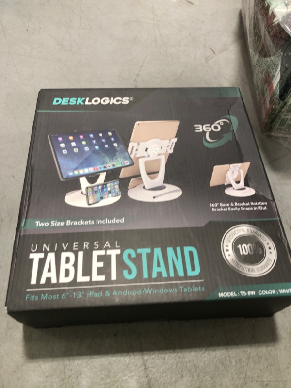 Photo 1 of DeskLogics iPad Stand for Desk, Tablet Holder - 6 inch to 13 inch - Stable, Adjustable - 360° Swivel Angle Pen Phone iPad Stand for Store, Retail Kiosk, Reception, Home Office, Gift Ideas - White