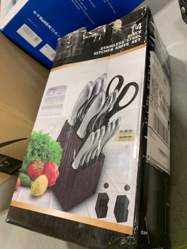 Photo 1 of dearithe Knife Sets for Kitchen with Block, 14 Piece High Carbon Stainless Steel Knife Block Set with Built-in Sharpener, Professional Kitchen Knife Set, Hammered Pattern Hollowed Handle Design
