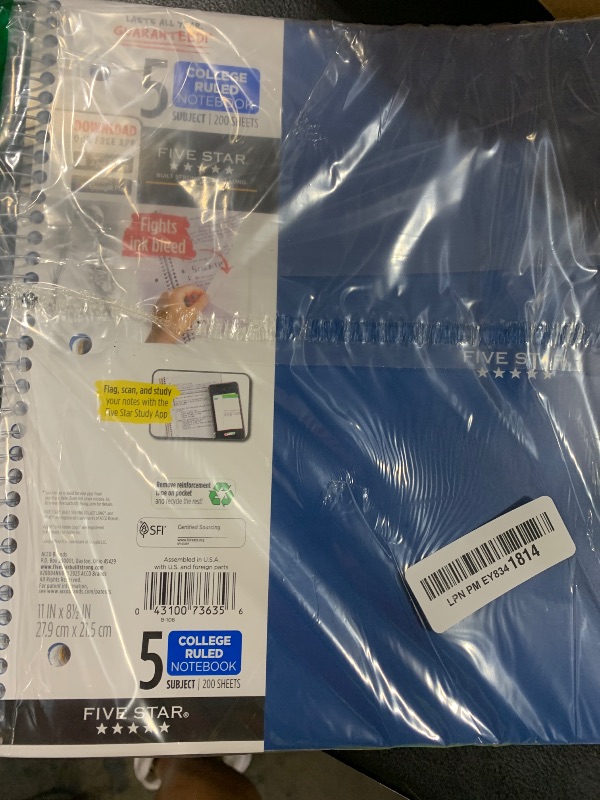 Photo 1 of Five Star Spiral Notebook + Study App, 5 Subject, College Ruled Paper, 8-1/2" x 11", 200 Sheets, Fights Ink Bleed, Water Resistant Cover, Pacific Blue (73635)