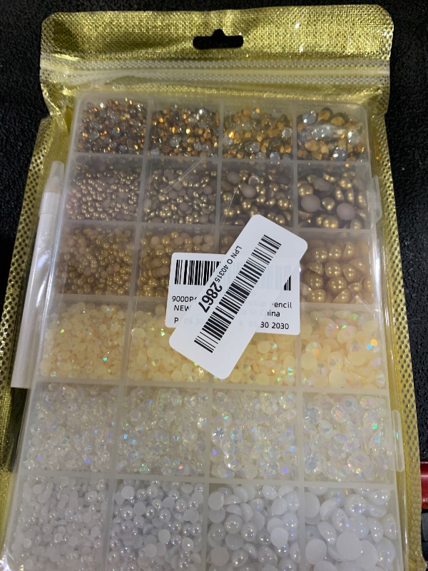 Photo 1 of 9000PCS Flatback Pearls and Rhinestones for Crafting, White Brown Mixed Size 3-10mm Resin Rhinestones and Half Pearls for Bedazzling, Nail Art and Decoration with Tweezer and Pickup Pencil