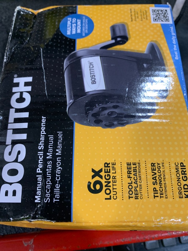 Photo 1 of Bostitch Office Wall Mount Manual Pencil Sharpener, Tip Saver, 8 Hole Dial, 6X Longer Cutter Life, Vertical or Horizontal Mounting Black (MPS1-BLK)