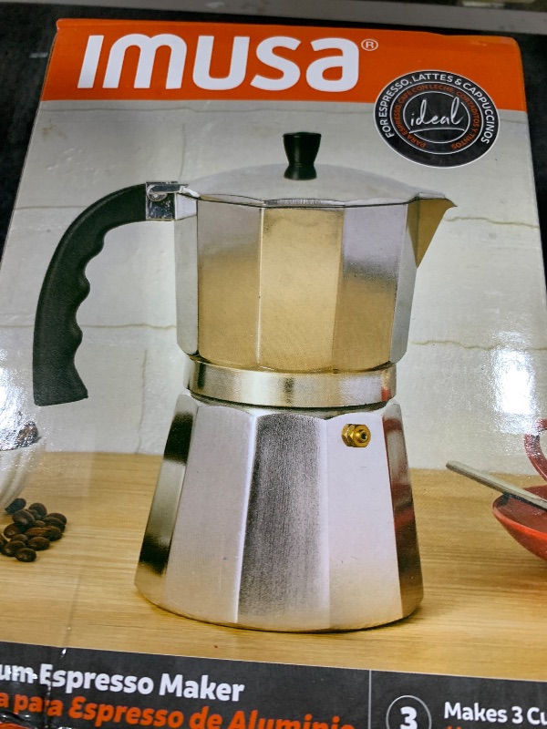 Photo 1 of IMUSA USA B120-42V Aluminum Espresso Stovetop Coffeemaker 3-Cup, Silver (Pack of 1)