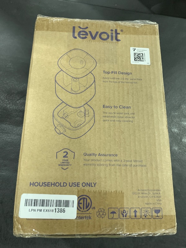 Photo 1 of LEVOIT Top Fill Humidifiers for Bedroom, 2.5L Tank for Large Room, Easy to Fill & Clean, 28dB Quiet Cool Mist Air Humidifier for Home Baby Nursery & Plants, Auto Shut-off and BPA-Free for Safety, 25H