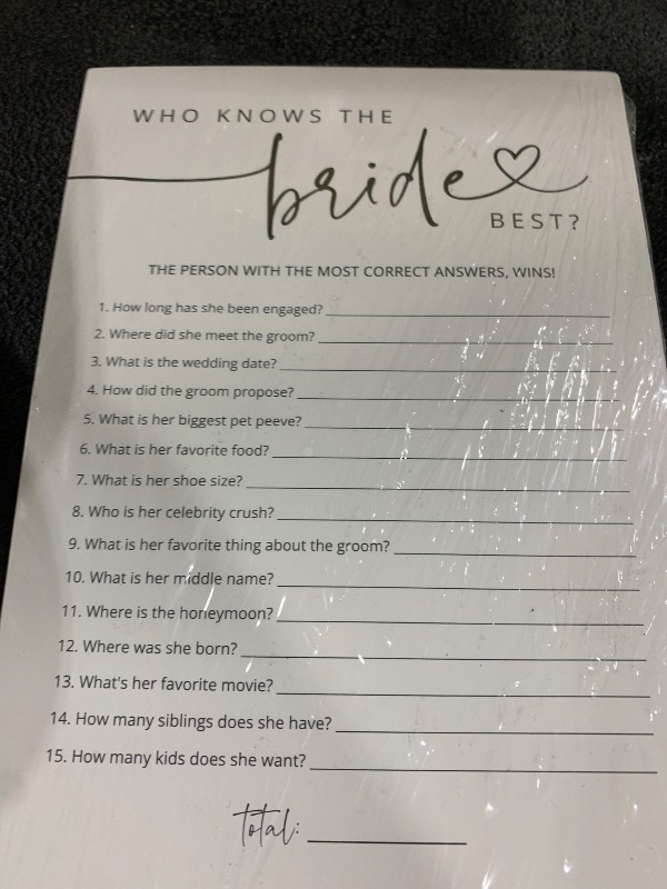 Photo 1 of GardenCity Bridal Shower Games, Who Knows The Bride Best Bridal Shower Game for 50 Guests, Minimalist