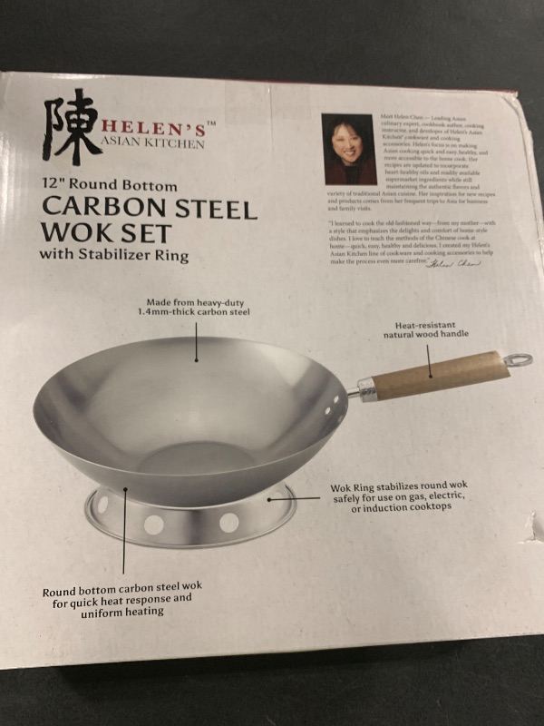 Photo 1 of Helen's Asian Kitchen Round Bottom Wok Set, Carbon Steel and Bamboo, 12-Inches, 4-Piece Set