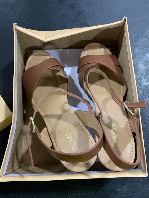 Photo 1 of Soda MIGUEL ~ Women Crisscross Band Fashion Chunky Platform Block Mid Heel Sandal with Ankle Strap and Stud (9, TAN PU, numeric_9)