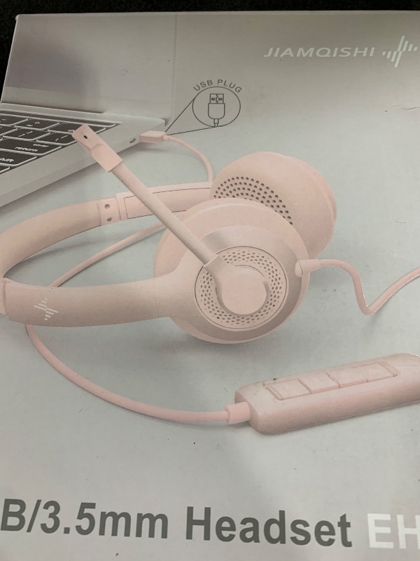 Photo 1 of JIAMQISHI USB Headset with Microphone for PC, On-Ear Computer Laptop Headphones with Noise Cancelling Mic in-line Control for Home Office Online Class Zoom (USB+3.5mm, Pink)