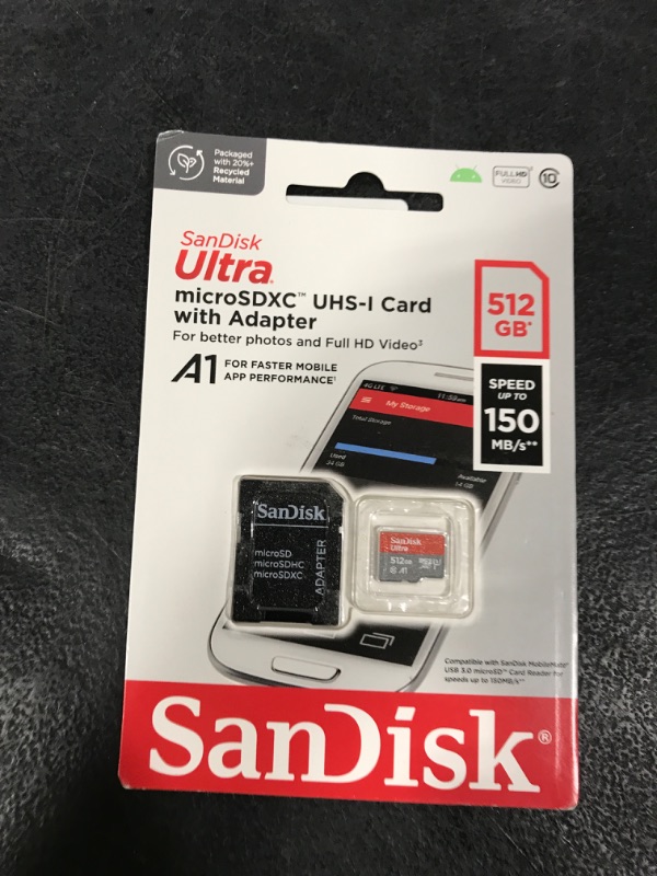 Photo 1 of SanDisk 512GB Ultra microSDXC UHS-I Memory Card with Adapter - Up to 150MB/s, C10, U1, Full HD, A1, MicroSD Card - SDSQUAC-512G-GN6MA [New Version]