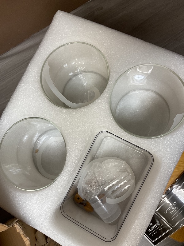 Photo 1 of 3+1 Pack Glass Laundry Pods Container,Laundry Room Organization Jar,Laundry Detergent Powder Storage Containers with Airtight Lids & Labels,laundry Detergent Dispenser for Scent Beads,Powder,Pods