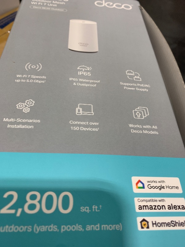 Photo 1 of TP-Link Deco BE25-Outdoor BE5000 Dual-Band Wi-Fi 7 Outdoor Mesh WiFi Extender Unit | Up to 2,800 sq.ft | 2 * 2.5G PoE+ Ports, IP65 Waterproof, MLO| Multiple Mounting Options| Secure by Design, 1-Pack