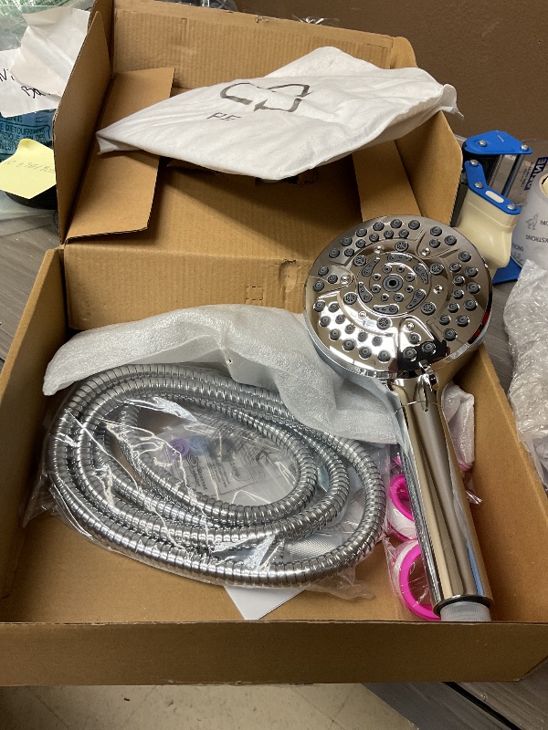 Photo 1 of Hibbent All Metal Shower Head, 8'' High Pressure Rain Shower Head/Handheld Showerhead Combo with 16'' Adjustable Arc-shaped Extension Arm, 10 Sprays, 71'' Hose, Adhesive Showerhead Holder, Chrome