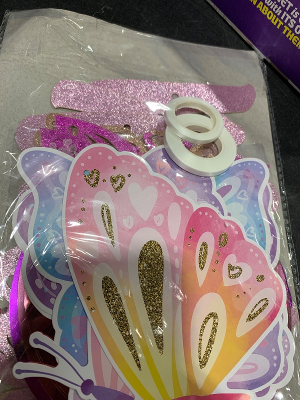Photo 1 of Kisses & Wishes Pink Glitter Butterfly Welcome Baby Girl Banner for Gender Reveal, 1st Birthday, Baby Shower Party Supplies