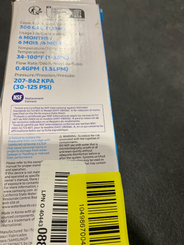 Photo 1 of SAMSUNG Genuine Filter for Refrigerator Water and Ice, Carbon Block Filtration, Reduces 99% of Harmful Contaminants for Clean, Clear Drinking Water, 6-Month Life, HAF-QIN/EXP, 1 Pack