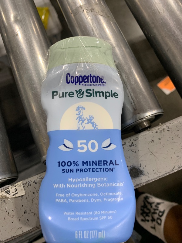 Photo 1 of Coppertone Pure and Simple Zinc Oxide Mineral Sunscreen Lotion SPF 50, Water Resistant Sunscreen for Sensitive Skin, Hypoallergenic and Fragrance Free, 6 Fl Oz Bottle
