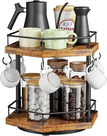 Photo 1 of KLM 2 Tier Coffee Bar Organizer for Home Office, Spice Rack for Countertop, Kitchen Counter Storage Shelf with Hanging Basket, Coffee and Tea Condiment Station Organizer