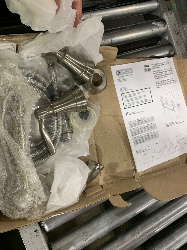 Photo 1 of Delta Woodhurst Roman Tub Faucet with Hand Shower, Brushed Nickel Deck Mount Bathtub Faucet, Stainless T4732-SS (Valve sold separately)