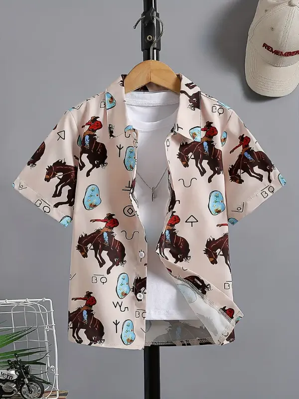 Photo 1 of Boys' Western Cowboy Print Shirt - Breathable Open Front Summer Vacation T-Shirt with Button-Up Collar, Regular Fit Casual Casual Attire, Nonelastic Fabric
