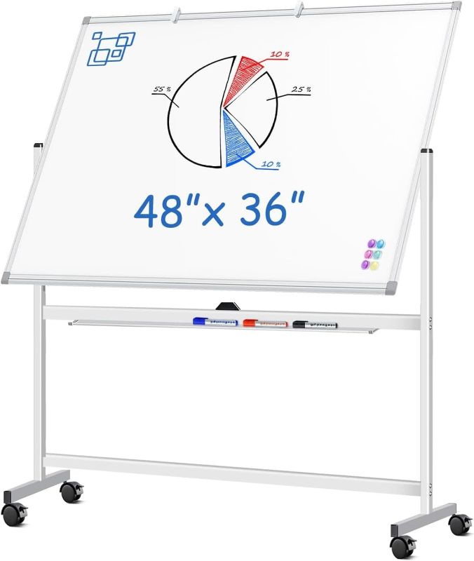 Photo 1 of Large Rolling White Board, 48x36 in Double-Sided Mobile Whiteboard, maxtek Reversible Magnetic Dry Erase Board Easel Standing Whiteboard on Wheels Portable Board for Office Classroom and Home, Silver
