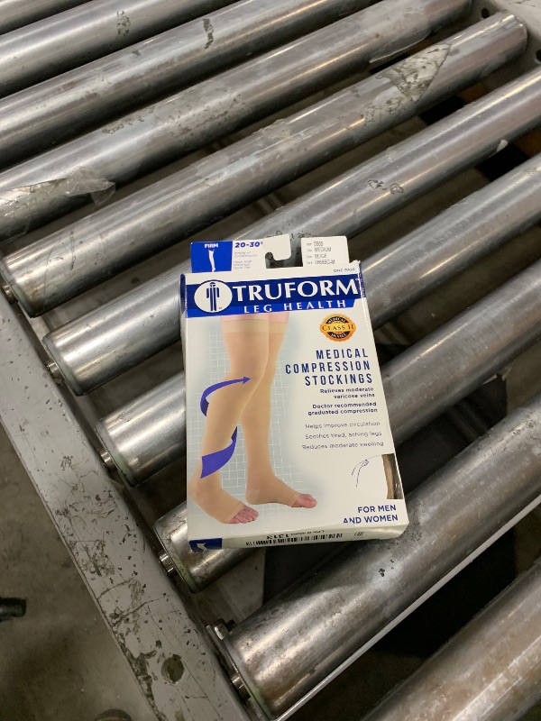 Photo 1 of Truform 20-30 mmHg Compression Stockings for Men and Women, Thigh High Length, Dot-Top, Open Toe, Beige, Medium