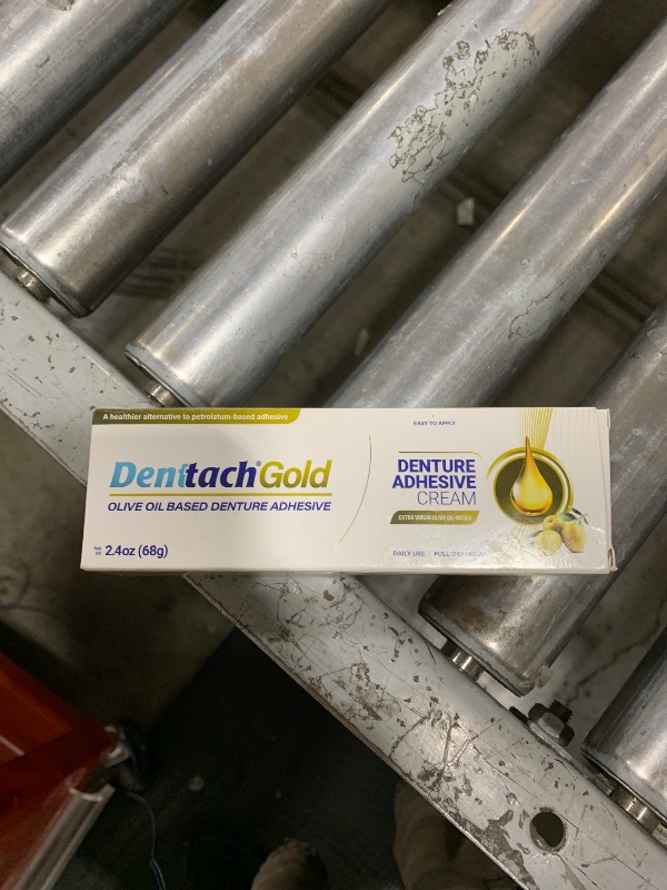 Photo 1 of Denttach Gold Denture Adhesive, Petroleum Free Olive Oil Based Premium Denture Adhesive Cream for Full and Partial Dentures, All Day Secure Hold Denture Glue, Zinc Free, 2.4 Ounce