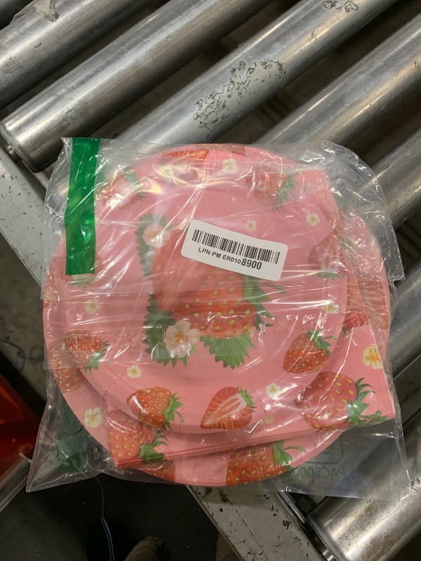 Photo 1 of 40 Pcs Strawberry Birthday Decorations Plates and Napkins Sets, Strawberries Dinner Dessert Paper Plates Summer Berry Napkins Tableware Kit for Fruit Strawberry Party Supplies Table Decor, Serve 20