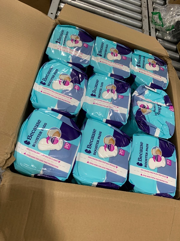 Photo 1 of Because Overnight Incontinence Booster Pads for Men and Women, Adds 4 Cups Extra Absorbency to Adult Diapers, Super Soft, Adhesive Strip Backing, Unisex, 180 Count (9 Packs of 20)