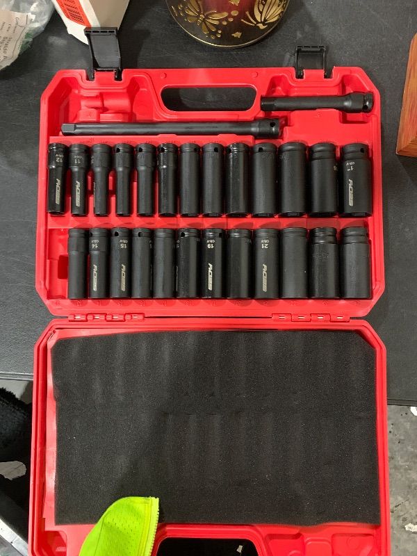 Photo 1 of 29-Piece 1/2" Drive Impact Socket Set, SAE (3/8 to 1 inch) and Metric (10-24mm) Sizes with Extension Bars Standard Deep Socket Set CR-V Material High Durability Impact Wrench