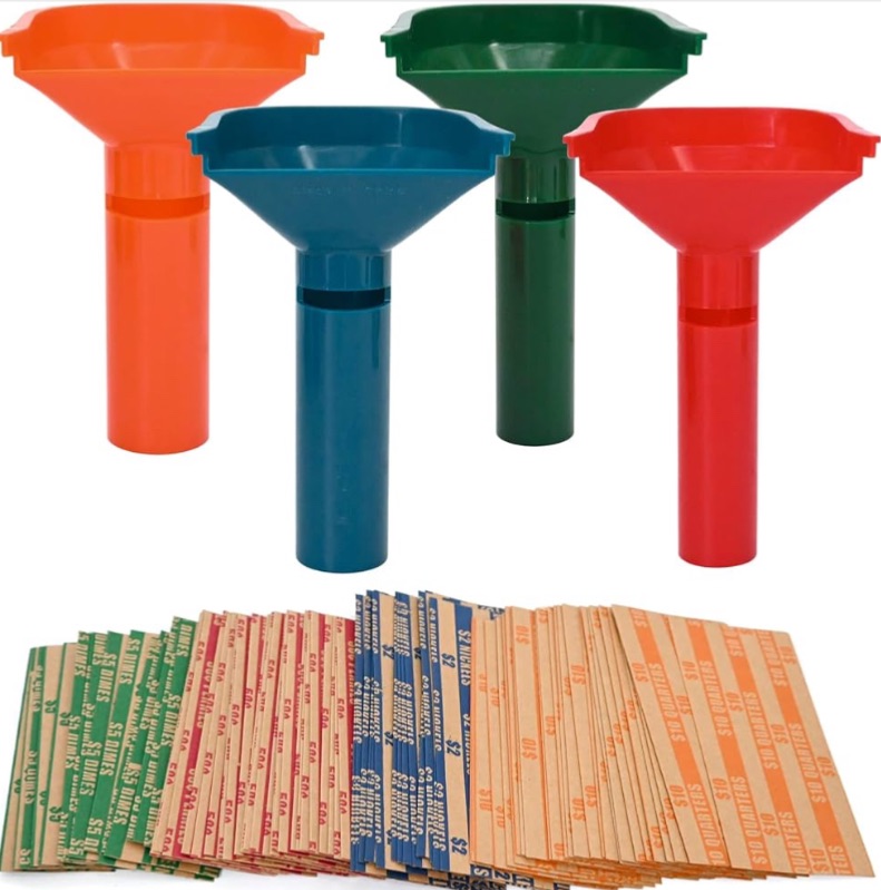 Photo 1 of L LIKED 150 Assorted Flat Striped Coin Wrappers & 4 Coin Sorters Tubes, Color-Coded Coin Counters, Easy to Load