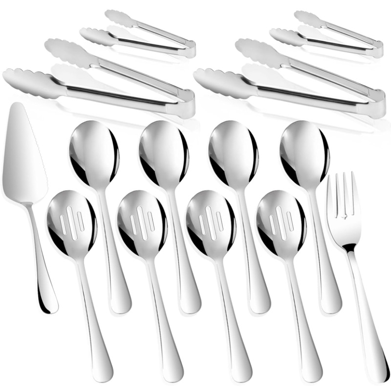 Photo 1 of 14PCS Serving Utensils - Hostess Serving Utensils Set, Premium Stainless Steel 8.7 inch Serving Utensils, Slotted Spoons, Fork, Tongs, Cake Pie Server for Buffet, Wedding, Dinner (Silver)