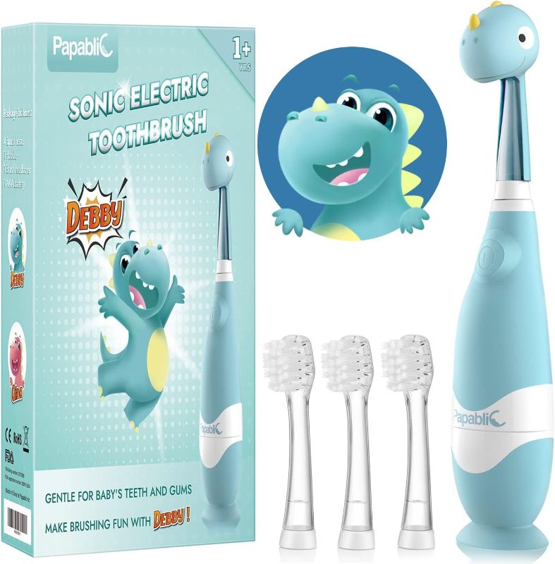 Photo 1 of Papablic Toddler Sonic Electric Toothbrush Kids for Ages 1-3 Years, Baby Electric Toothbrush with Cute Dino Cover and Smart LED Timer, 4 Brush Heads (Debby)