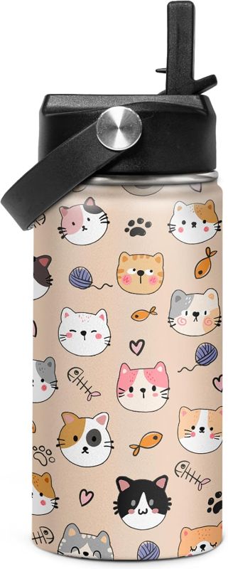 Photo 1 of Kids Water Bottle Cat Water Bottles 12oz with Straw Insulated Stainless Steel Travel School Tumbler Double Wall Vacuum Cup for Girls Kid Boys