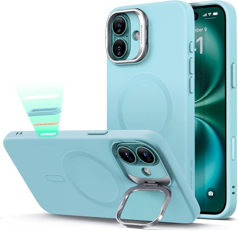 Photo 1 of ESR for iPhone 16 Case, Camera Control Button Silicone Case with Stand, Compatible with MagSafe, Built-in Camera Stash Stand, Magnetic Phone Case for iPhone 16 Pro Max,Cloud Series,Teal