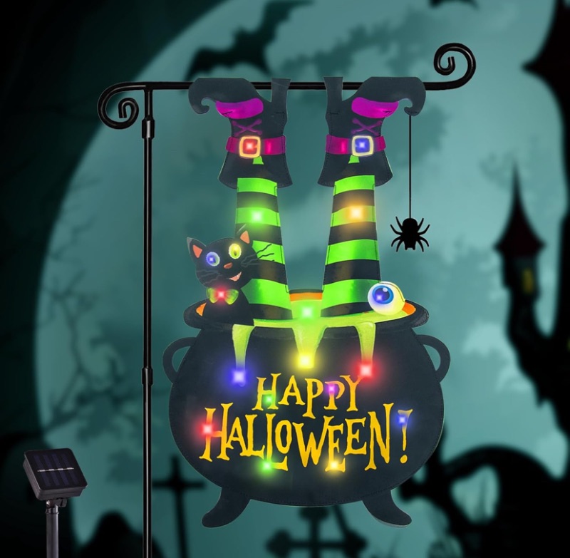 Photo 1 of Halloween Lighted Garden Flag for Outside, Led Solar Yard Flag 8 Modes Witch Feet Shape Flag, 12x18 Double Sided Cauldron Eyeball Black Cat Decorations for Home Porch