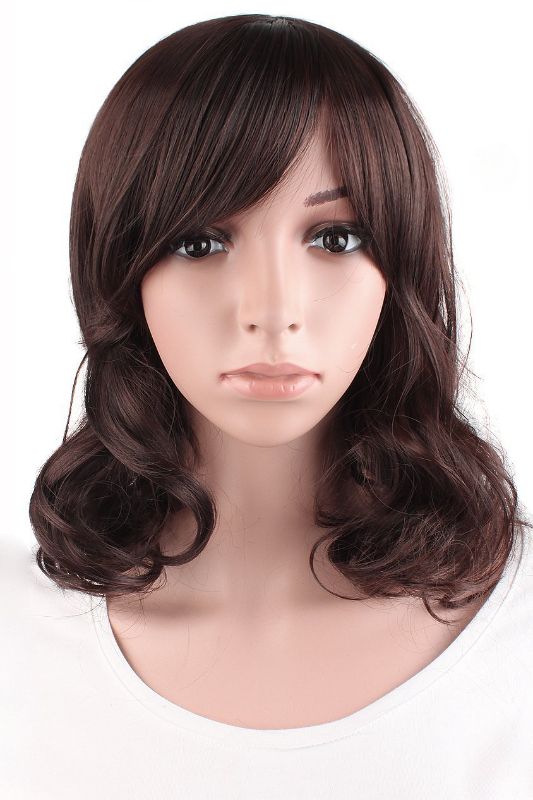 Photo 1 of MapofBeauty 16 Inch/ 40 cm Daily Use Side Bangs Medium Curly Wig (Dark Brown)
