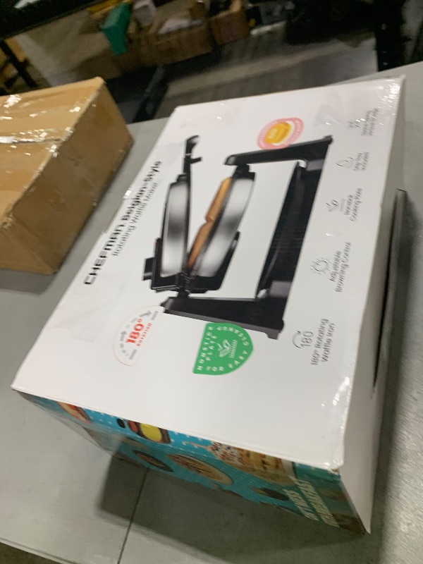 Photo 1 of Chefman Rotating Belgian Waffle Maker, 180° Flip Iron w/ Non-Stick Plates, Adjustable Timer, Locking Lid, & Drip Plate, Space Saving Storage, Mess-Free Breakfast, Stainless Steel/Black