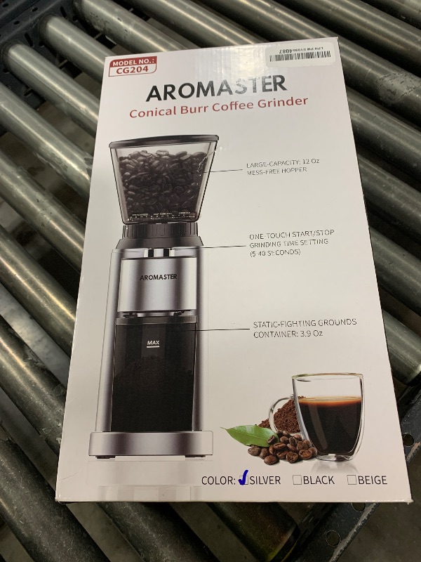 Photo 1 of Aromaster Coffee Bean Grinder with 48 Gind Settings, Conical Burr Coffee Grinder for Home Use,Stainless Steel,40 Seconds Adjustable Timer,Anti-static,Easy to Clean with Brush