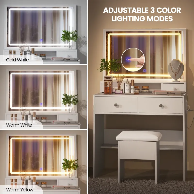 Photo 1 of ********MISSING MIRROR, MISSING PARTS***** VIRNAZ Vanity Set with Large Lighted Mirror & Power Outlet, Makeup Vanity Table Desk Chair Set for Bedroom, White
