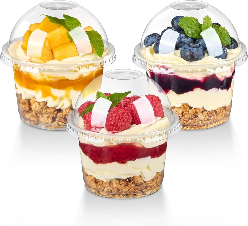 Photo 1 of  8 oz Plastic Dessert Cups with Dome Lids, Clear Disposable Yogurt Parfait Cups with Lids, Individual Party Serving Snack Cups for Fruit Dessert Cake Pudding