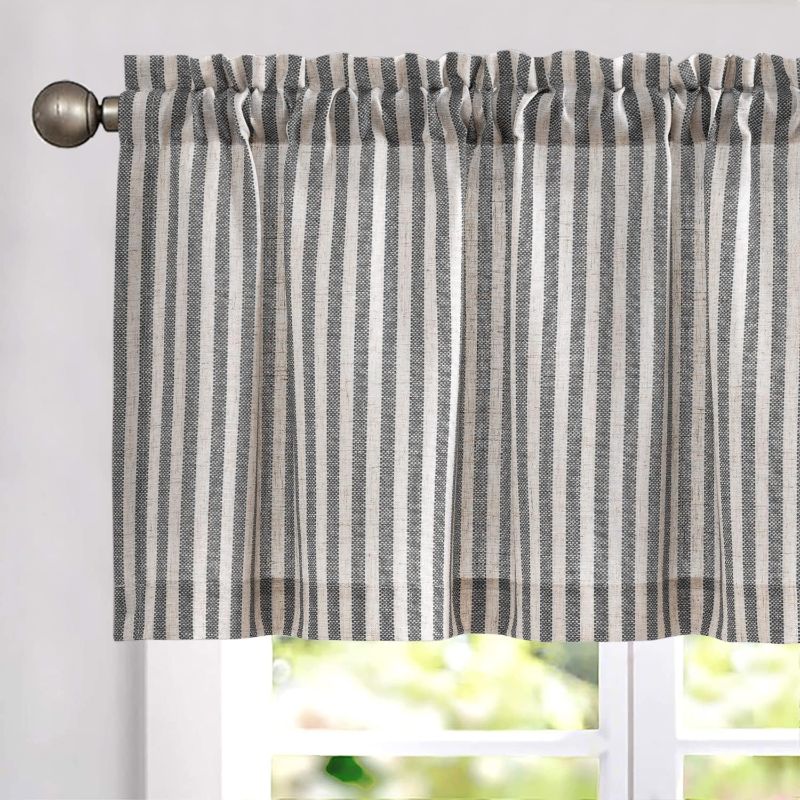 Photo 1 of  Kitchen Valance Linen Blend Stripe Short Curtains Farmhouse Country Rustic Pinstripe Tickingstripe Light Filtering Rod Pocket Window Topper Treatments 16 Inch 1 Panel Black on Beige